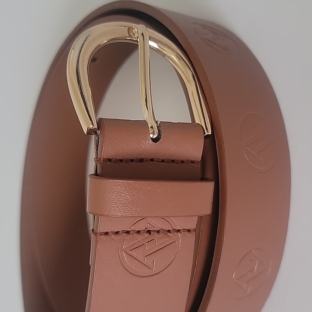 Adrienne Vittadini AV Signature Logo Brown Belt With Polished Gold Buckle L/XL - Picture 2 of 9